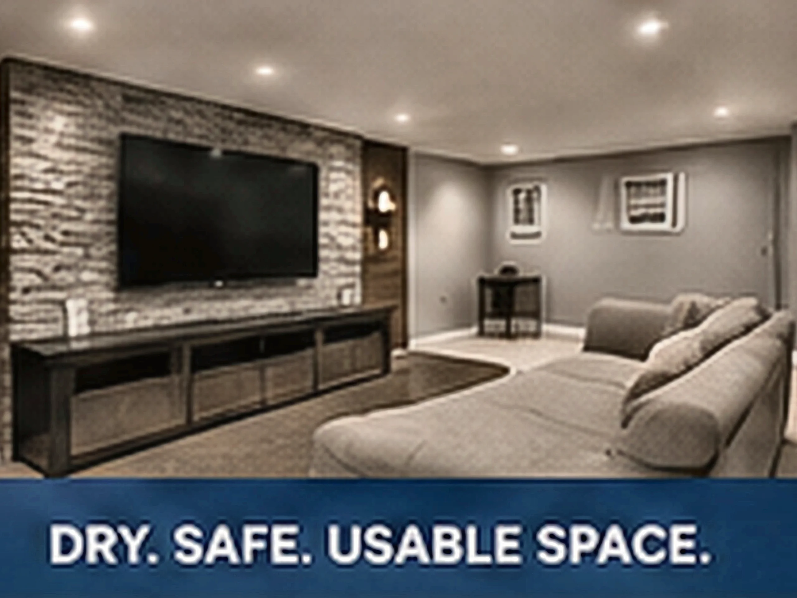 A finished, fully dry basement — the result of Basement Waterproofing Troy’s work